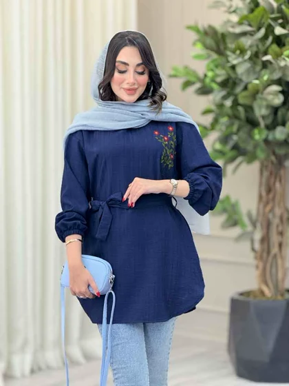 مانتو گلدوزی جلوبسته کمردار