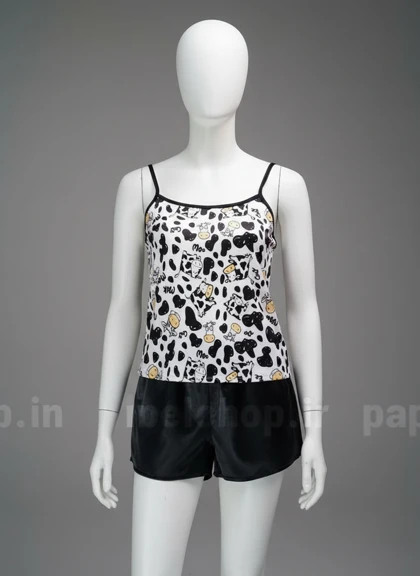 ست لباس خواب تاپ و شورتک ساتن طرح گاو