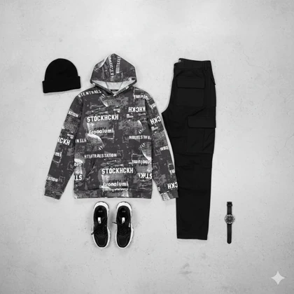 هودی طرحدار مردانه مشکی مدل stock