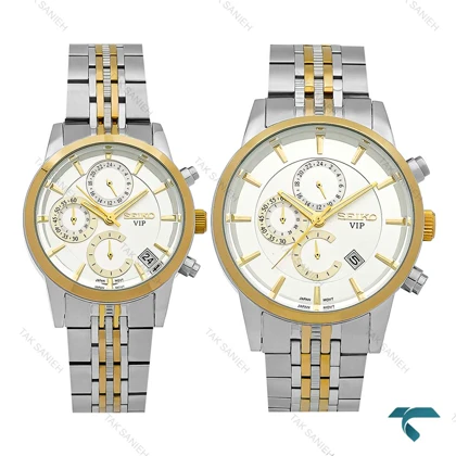 ساعت ست سیکو سه موتوره کرنوگراف دورنگ طلایی صفحه سفید Seiko-8737-S