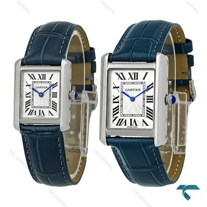 ساعت ست کارتیر تانک نقره ای بند چرم سرمه ای Cartier-8890-S