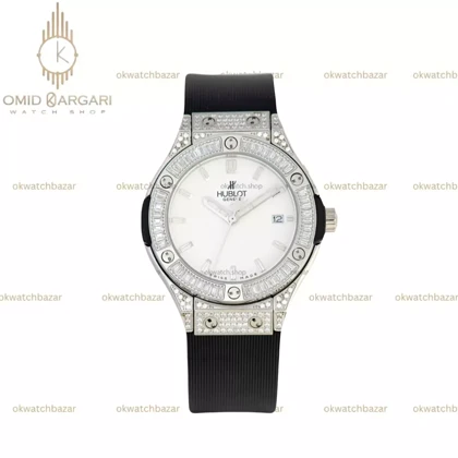 ساعت مچی اوبلو بند مشکی صفحه سفید فول نگین Hublot Classic Fusion