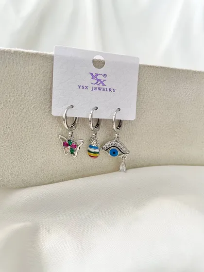 پک گوشواره سه تایی طرح پروانه رنگارنگ