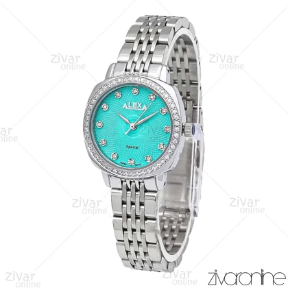 ساعت الکسا پریمیر زنانه نقره ای صفحه آبی تیفانی دور نگین 105882