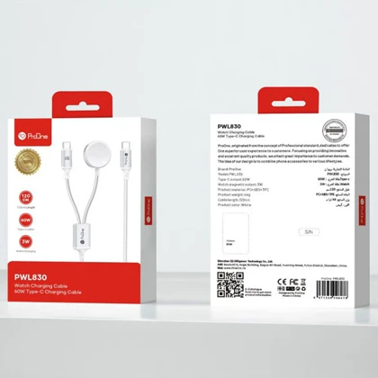 کابل شارژ تایپ‌سی به تایپ‌سی 60 وات و شارژر مغناطیسی ساعت هوشمند 3 وات 1.2 متری پرووان PWL830