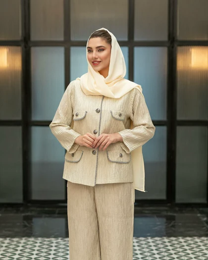 ست کت شلوار جلو دکمه نوار دوزی
