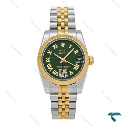 ساعت زنانه Rolex دورنگ طلایی صفحه سبز ایندکس یونانی Rolex-7155-L