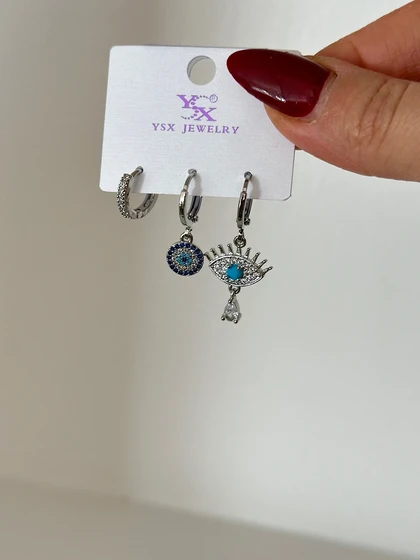 گوشواره YSX پکی 3 تایی طرح چشم سیلور