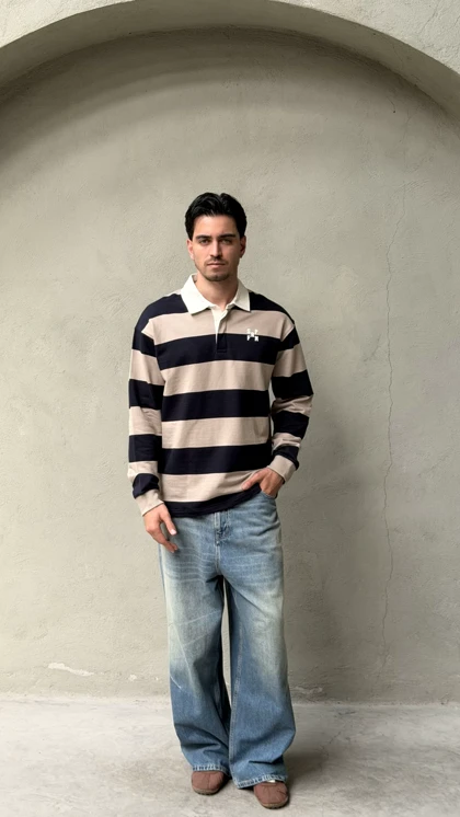 پولو شرت اورجینال اسپرینگ فیلد راه راه خاکی سرمه ای/Original Springfield polo shirt