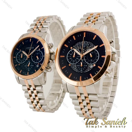 ساعت سیتیزن ست VIP سه موتور دورنگ رزگلد صفحه مشکی Citizen-4504-S