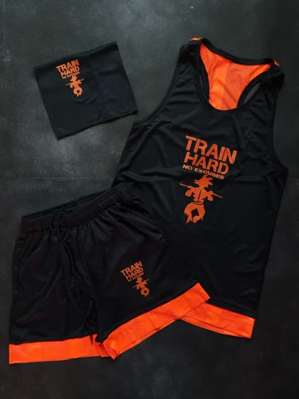 ست 3تیکه رکابی و شلوارک و اسکارف train hard