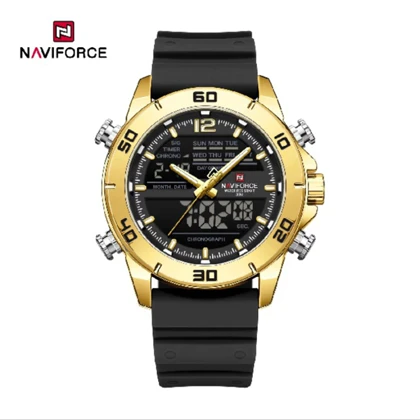 ساعت نیوی فورس مدل NF9253 ساعت بند رابر مشکی بدنه طلایی مدل m-10389