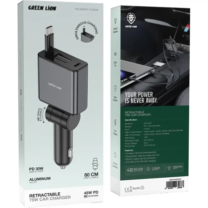 شارژر فندکی فست شارژ گرین لاین مدل GL-CC22 توان 75 وات با کابل
