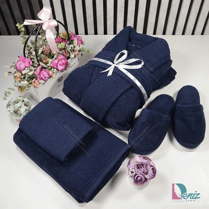 حوله ست یک نفره طرح روکو رنگ سرمه ای