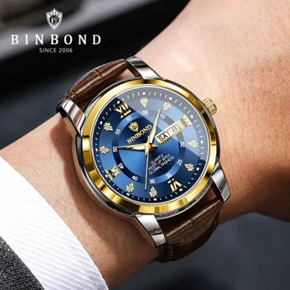 ساعت مچی مردانه بین باند BINBOND اورجینال دوتقویم بند چرم ضداب دارای رنگ بندی شیک