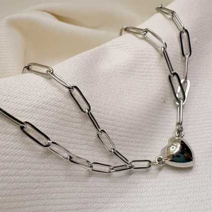 ست دستبند دو نفره مدل «قلب مگنتی» | زنجیر استیل کارتیر ظریف با پلاک مکمل