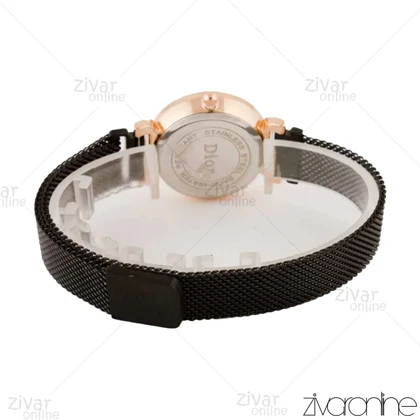 ساعت دیور زنانه قاب رزگلد بند حصیری مشکی 104461
