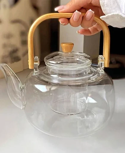 قوری پیرکس شفاف دسته چوبی 1200میل