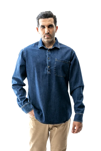 پیراهن جین نیم قاپک یقه دار مردانه