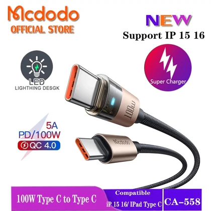 کابل شارژ سریع تایپ‌سی به تایپ‌سی 100 وات 5 آمپر 1.2 متری مک‌دودو CA-558