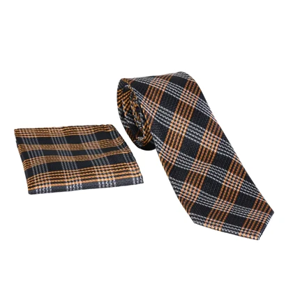 ست کراوات و دستمال جیب چهارخونه مشکی و نارنجی 98124