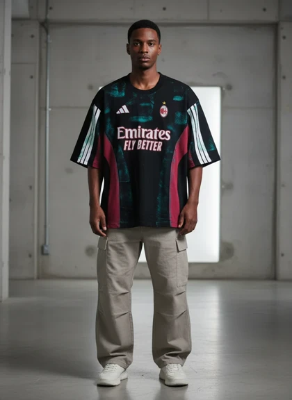 کیت باشگاهی آث میلان مشکی با طراحی هنری انتزاعی رنگ پاشی * پارچه ماکان پنبه گرم بالا