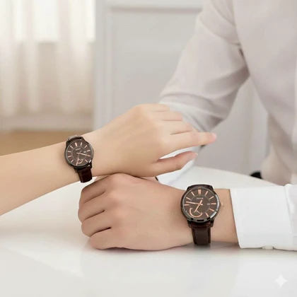 ست ساعت کلاسیک WALAR – قاب مشکی، جزئیات رزگلد و بند چرم قهوه‌ای تیره (Couple Set)