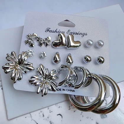 گوشواره 9 جفتی درشت مدل silver01