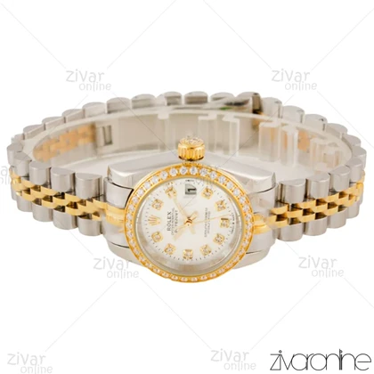 ساعت رولکس دیت جاست زنانه دورنگ طلایی صفحه سیلور دور نگین اسمال 105653