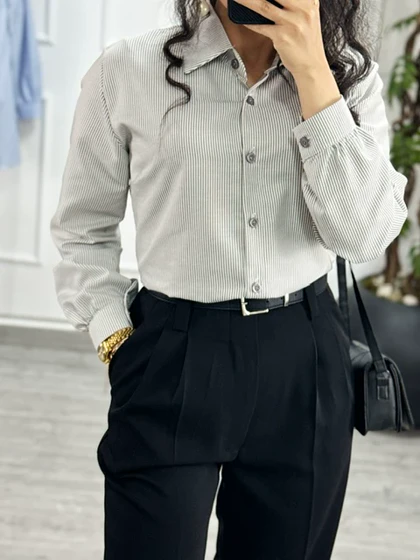 شومیزپیراهنی بیسیک راه راه ریز