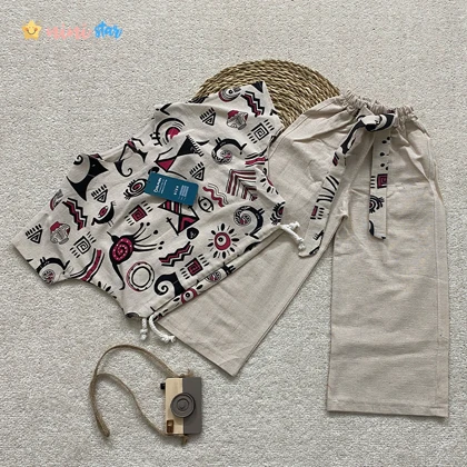 کراپ شلوار لینن طرح ترکیبی قرمز و سبز 3 تا 9 سال