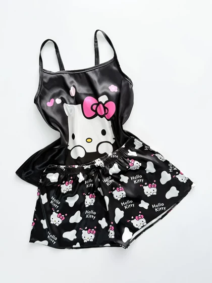 ست لباس خواب تاپ و شورتک ساتن طرح هلو کیتی Hello kitty