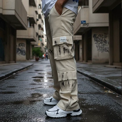 شلوار کارگو شش جیب پایین زیپ مدل sami-کرم