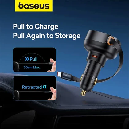 شارژر فندکی باسئوس 60 وات مدل car charger u با کابل جمع‌شونده