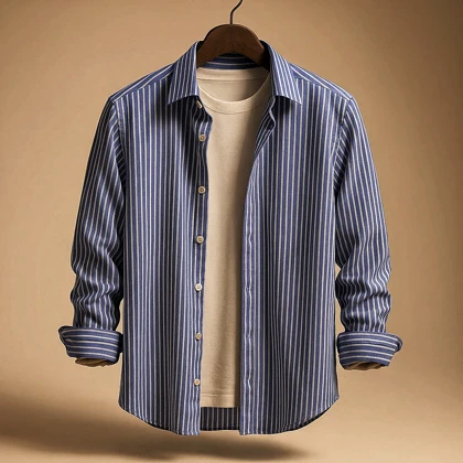 پیراهن راه راه عمودی میله ای آبی مردانه پارچه صددرصد نخی درجه یک دوخت صنعتی 2026 استایل اولد مانی پاییز 1404