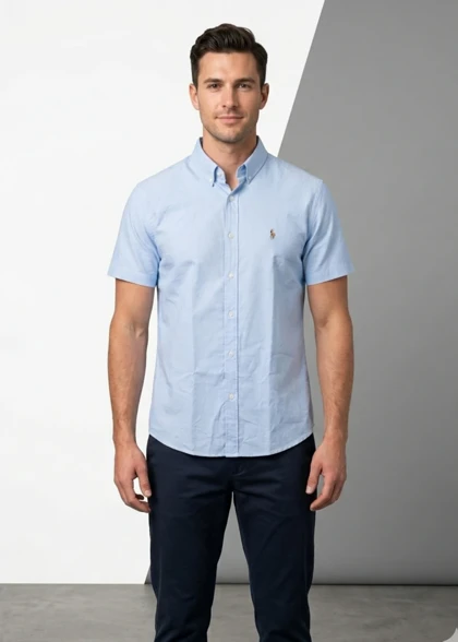 پیراهن آستین کوتاه POLO مدل slimfit رنگ آبی آسمانی