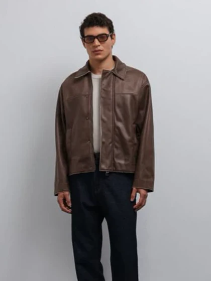 جکت چرم قهوه ای / باکسی / برند Antioch ترکیه