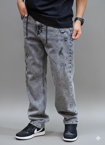 شلوار جین نیم بگ پارچه ترک طوسی زاپ‌دار