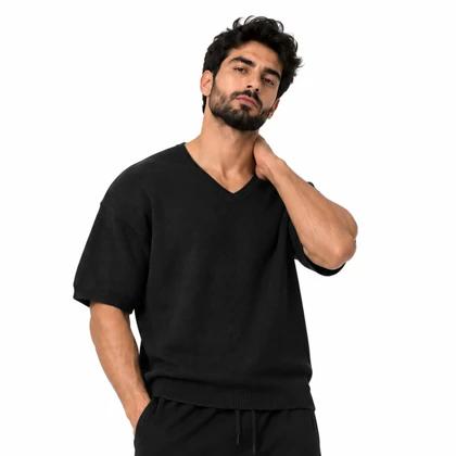 بلوز بافت آستین کوتاه اسپرت بیسیک مدل E77092 مشکی