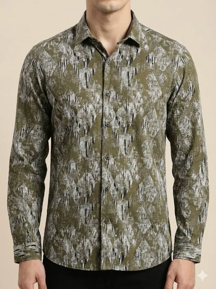 پیراهن مردانه آستین بلند کنفی طرحدار سبز 2002