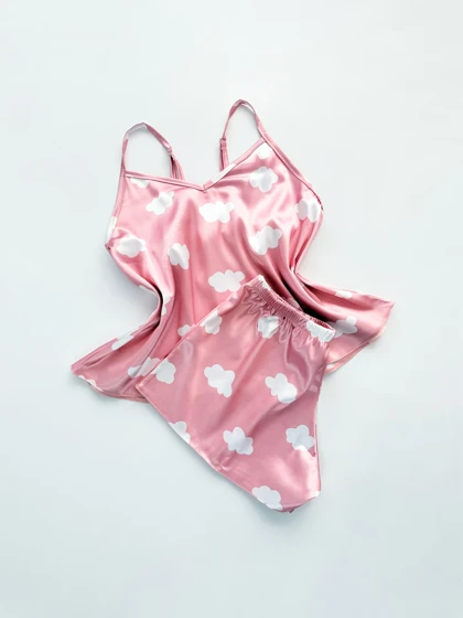 ست لباس خواب تاپ و شورتک ساتن طرح ابر