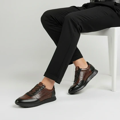 کفش ونس چرم قهوه‌ای مشکی مردانه