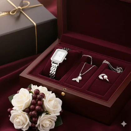 ست زنانه ساعت و گردنبند و انگشتر مدل مروارید -نقره ای ویژه