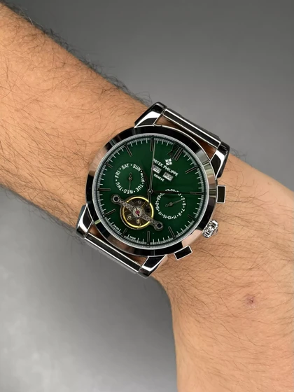 ساعت مچی پتک فیلیپ اوپن هارت فول دیت سیلور صفحه سبز Patek Philippe