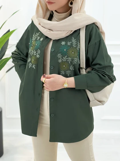 مانتو کتان گلدوزی سلین - سبز