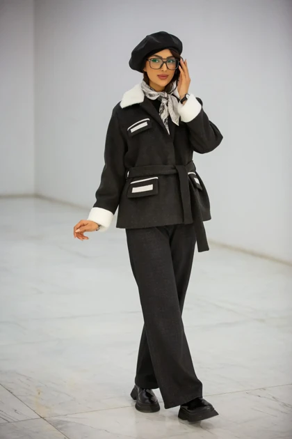 پالتو موهر یقه خز 4 جیب