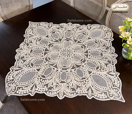سرویس رومیزی قیطان دوزی 5 تکه مدل صدف لمه دار شیری کد 01