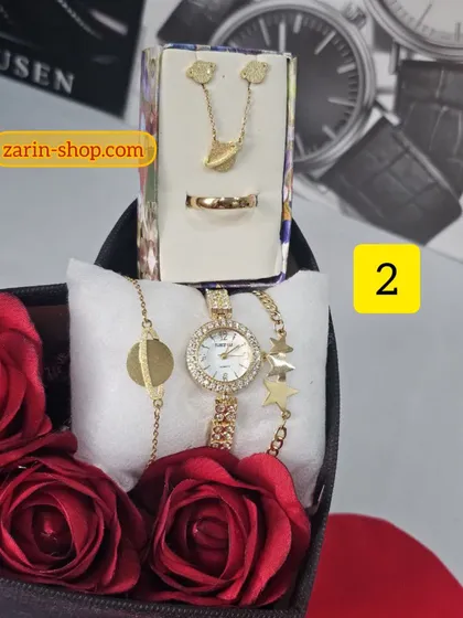باکس هدیه زنانه ست ساعت نگینی و نیمست