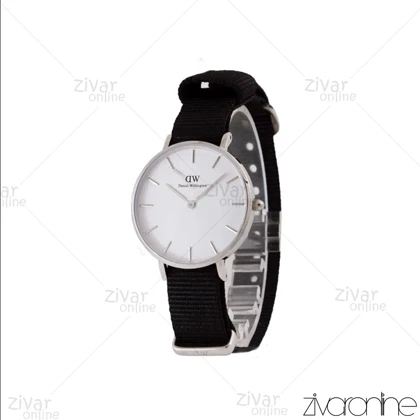 ساعت دنیل ولینگتون زنانه قاب سیلور صفحه سفید بند برزنت مشکی 104973