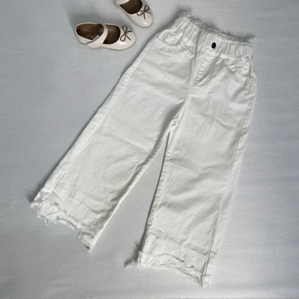 شلوار کتان سفید خارجی دخترانه پایین ریش دار